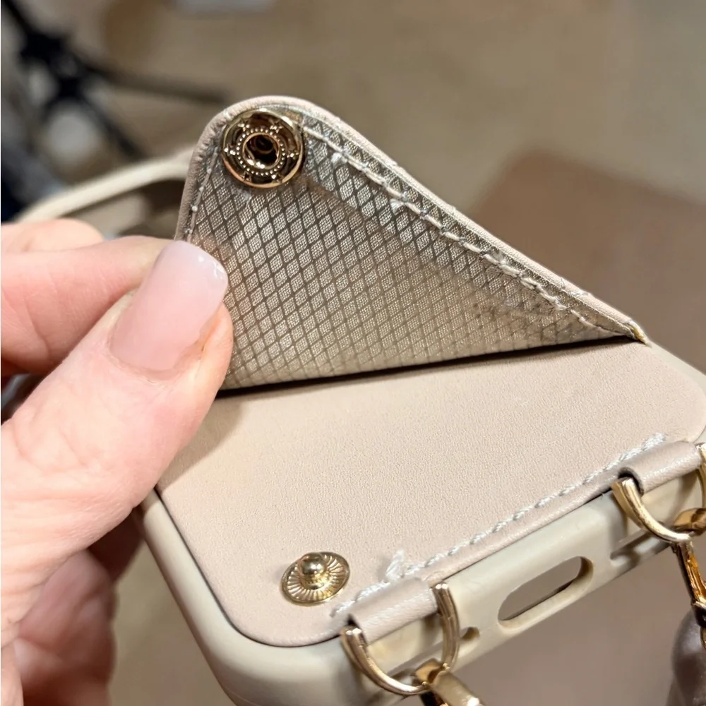 iPhone 14 Pro Lanyard Quilted Beige Phone Case with Gold Accents OnLY. Not Max